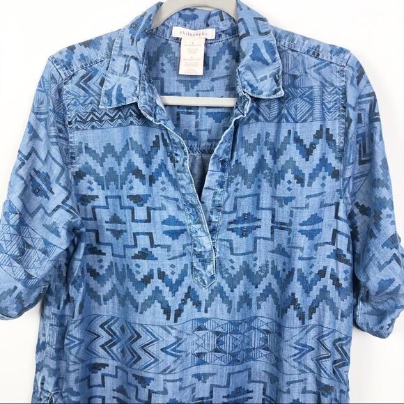 PHILOSOPHY | Aztec Chambray Dress Blue Size Large - Picture 4 of 7